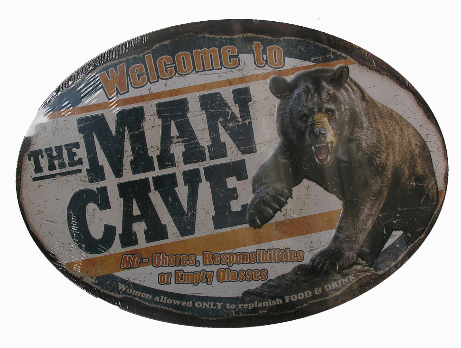 Tin Sign ''Man Cave Bear'' Large Oval 