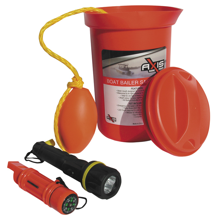 Handy Safety Kit Contained Within Boat Bailer With Lid 