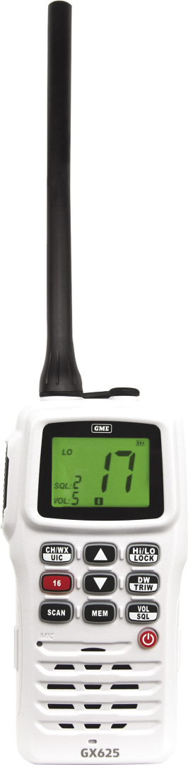 GME GX625 Hand Held VHF Switchable 5/1 Watt Radio, Rechargeable, Waterproof To IP66 White GME