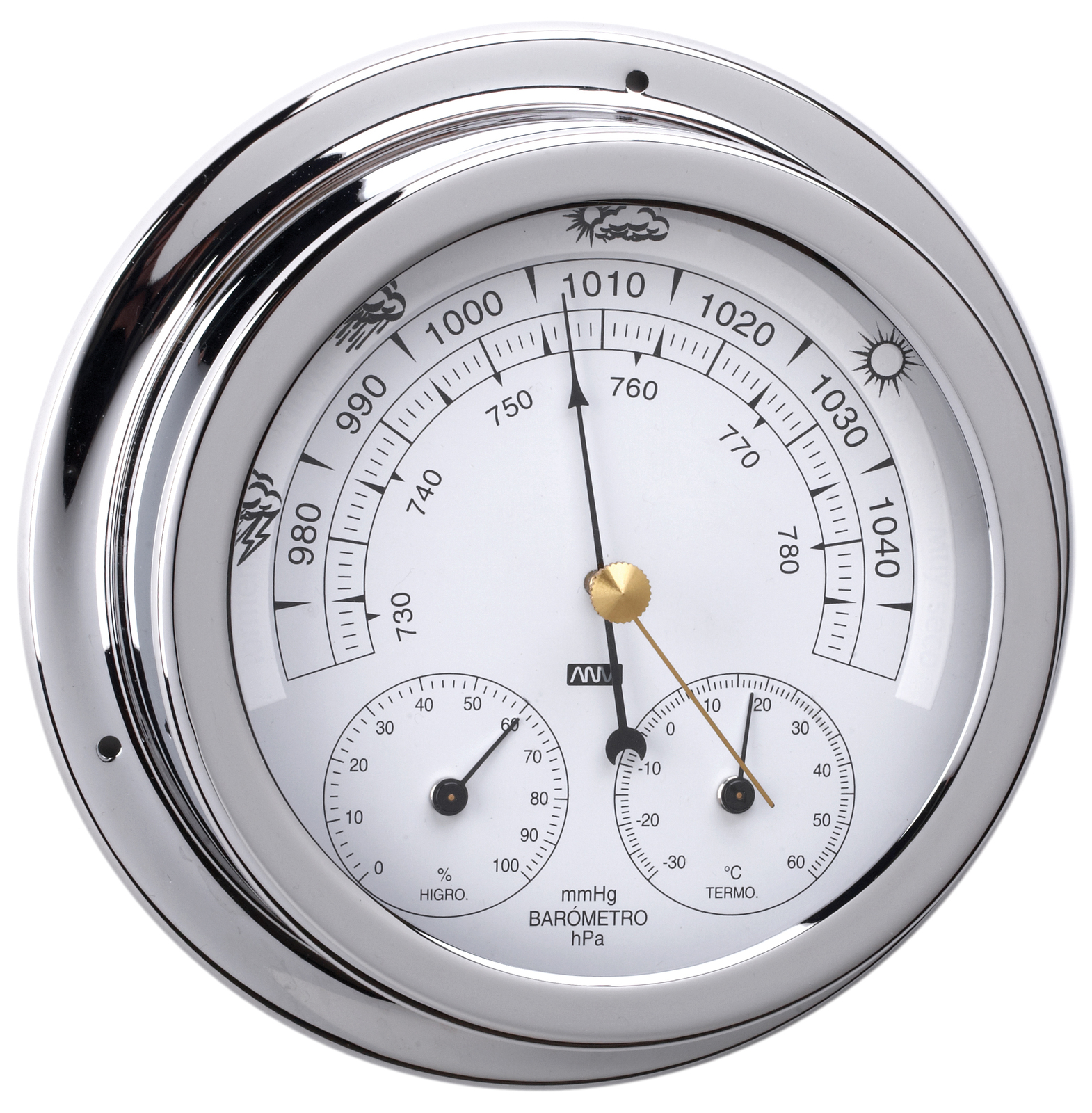 Chrome Brass Barometer, Thermometer And Hygrometer 120mm Face 