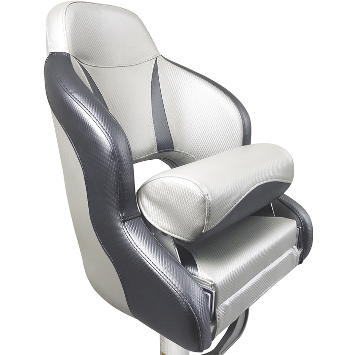 Heavy Duty Compact Admiral Upholstered Helmsman Seat With Folding Bolster Light Grey And Dark Grey Carbon Fibre Pattern 