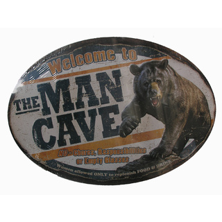 Tin Sign 'Man Cave Bear' Large Oval