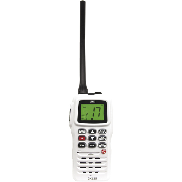 GME GX625 Hand Held VHF Switchable 5/1 Watt Radio, Rechargeable, Waterproof To IP66 White