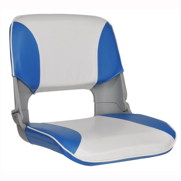 Folding Stylish Ergonomic High Back Skipper Boat Seat With Blue And White Three Panel Upholstery
