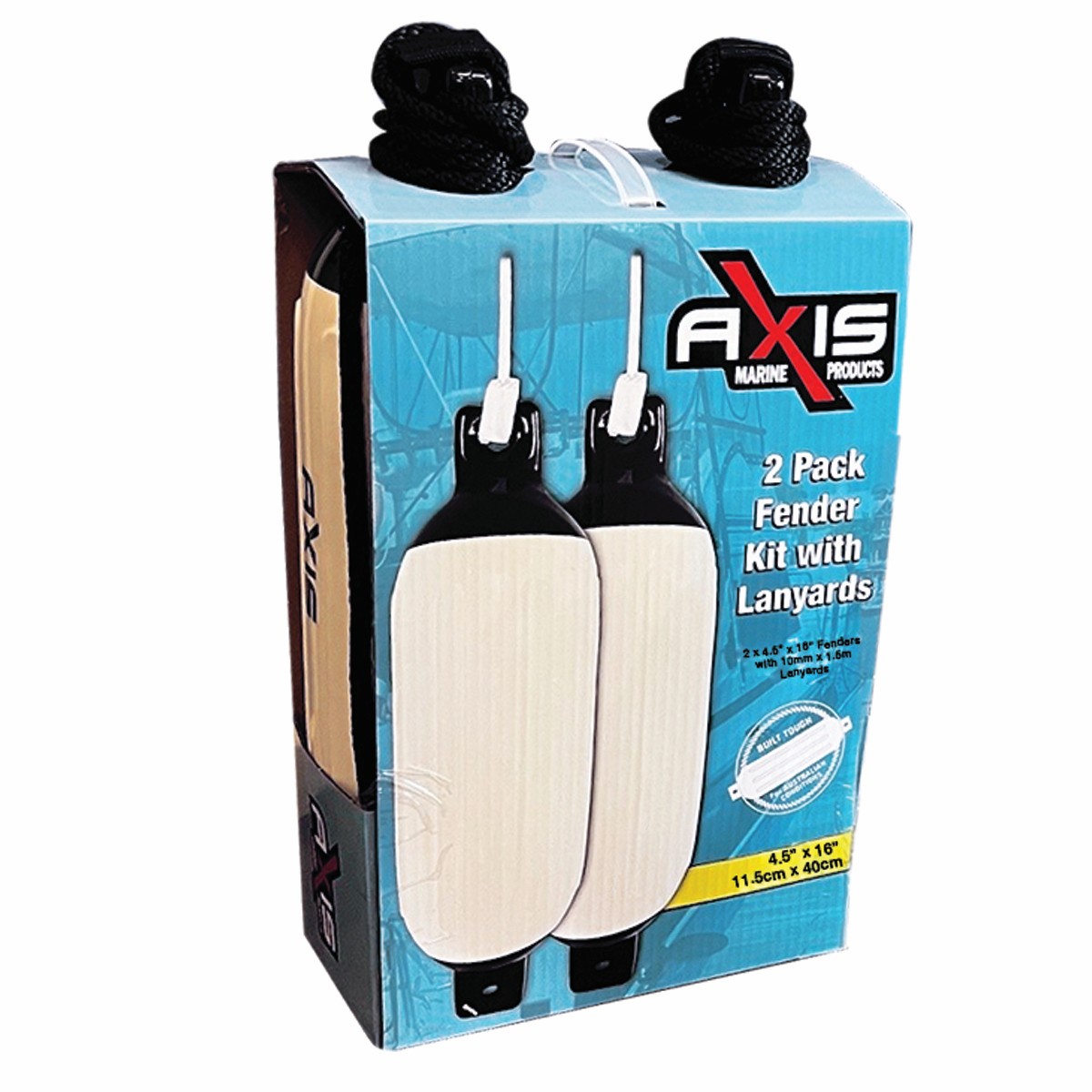 AXIS FENDER 4.5"*16" TWIN PACK WITH LANYARDS - BLACK ENDS